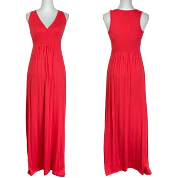 Loveappella | NWT Strawberry Pink Solid V-Neck Jersey Stretch Casual Maxi Dress - Picture 2 of 7